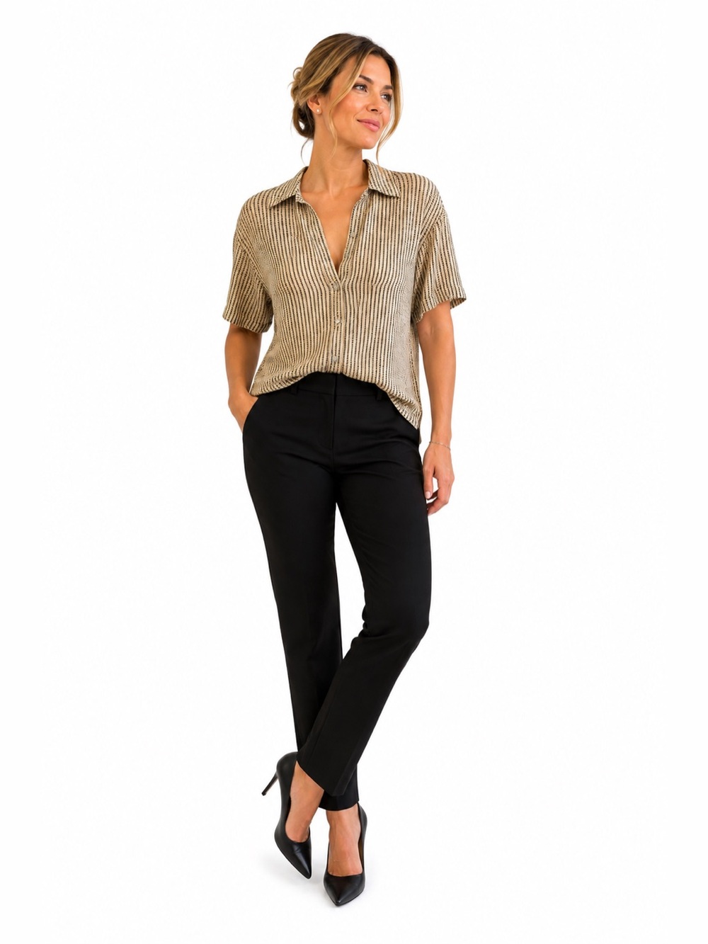 Tess Short-Sleeve Button-Down Shirt - Beige Stripe